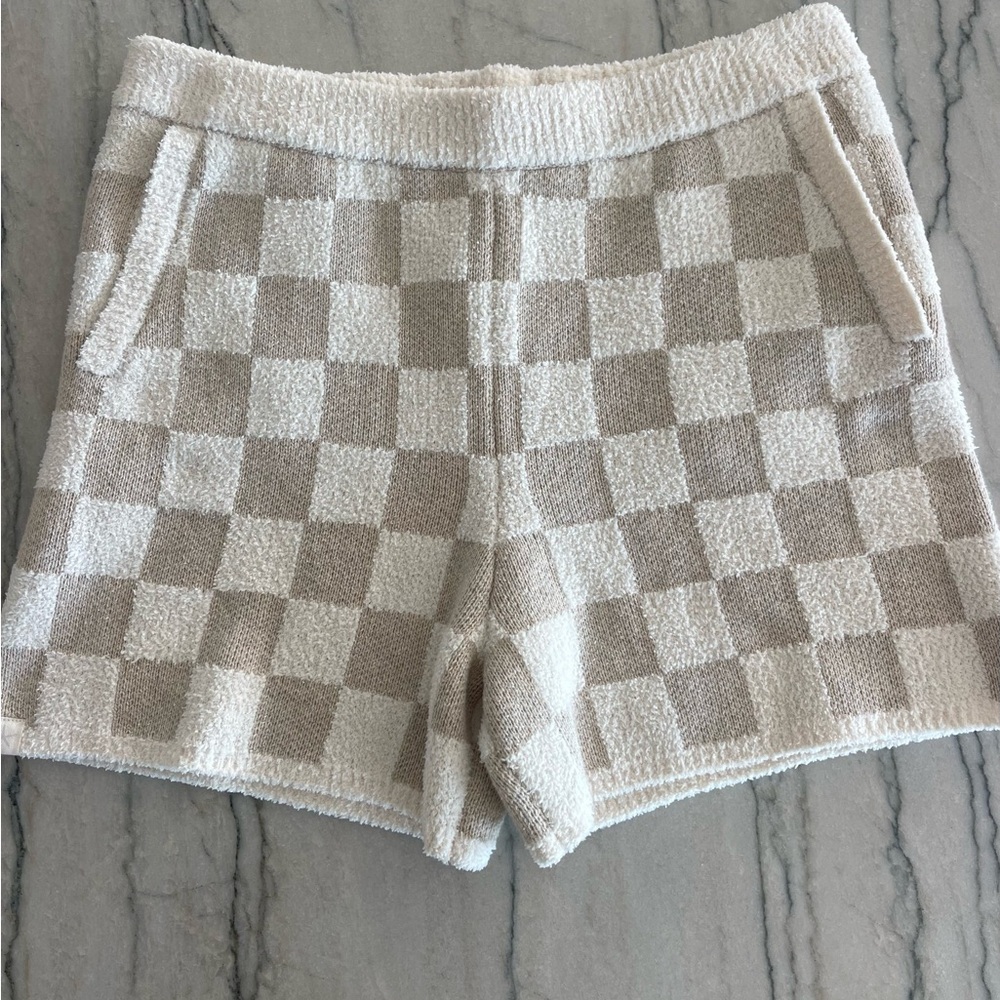Barefoot Dreams Cream and Tan Checkered High Waist Shorts